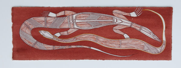 Burarr (Water goanna) & Kedjebe (File snake) by Gabriel Maralngurra
